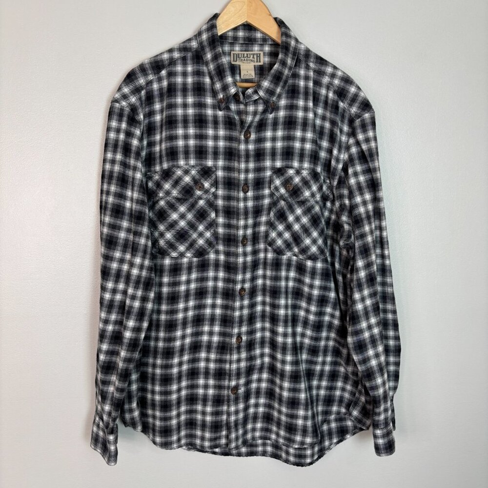 Duluth Trading Co Flannel Shirt Large Gray Plaid Cotton Blend Button-Front Men's